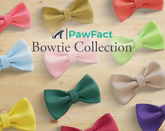 May include: A collection of colorful bowties in various shades, including pink, green, blue, and gold, arranged on a light wood surface. The text "PawFact Bowtie Collection" is displayed in the center. The bowties are made of a textured material.