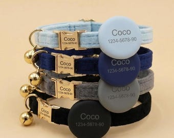 Personalized Velvet Cat Collar and Leash Optional Set with Engraved Quick Release Buckle, Matching Bowtie & AirTag Holder