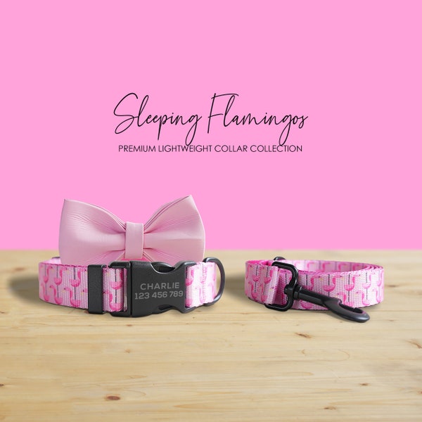 Sleeping Flamingos Pink Lightweight Personalized Dog Collar, Leash, Bowtie with Engraved Name Buckle, Au, Us, Uk, Ca Fast Free Ship