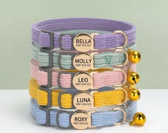 Personalized Corduroy Multi Solid Color Cat Collar with Bell, Custom Breakaway Safety Buckle, Adjustable