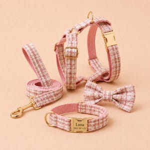 Pode incluir: Um conjunto de peitoral, trela, coleira e laço para animal de estimação em tweed rosa e branco. A coleira possui uma fivela de metal dourado gravada com o nome Luna e o número 0412 345 678. Todos os itens incluem ferragens em metal dourado.