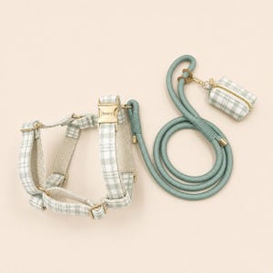 Personlig salviagrön rutig hundsele, valfritt set, anpassat namnhalsband, tartanrutigt XS-XL