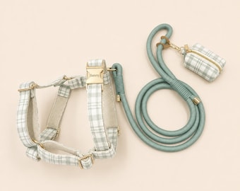 Personalized Sage Green Plaid Dog Harness Optional Set, Custom Name Collar Rope Leash, Tartan Check XS-XL