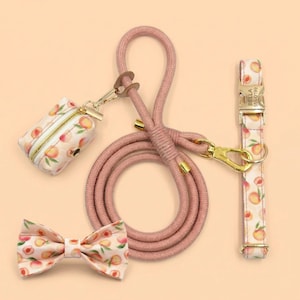 Puede incluir: Una correa de cuerda rosa polvoriento con herrajes dorados, un collar a juego con estampado de melocotones y hebilla dorada grabada con BELLA 555-0199, una pajarita y un dispensador de bolsas, todo con un diseño de melocotones y hojas.