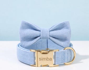 Personalized Corduroy Dog Collar with Engraved Gold Buckle, Bowtie Pet Accessory