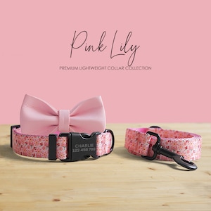Pink Lily Floral Dog Collar and Leash Set, Personalized Engraved Buckle