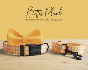 Butter Plaid Yellow Lightweight Personalized Dog Collar, Leash, Bowtie with Engraved Name Buckle, Au, Us, Uk, Ca Fast Free Ship