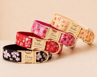 Japanese Floral Dog Collar, Personalized Engraved Name Pet Collar, Cherry Blossom Collar with Leash & Bow Tie, Asian Floral Puppy Collar