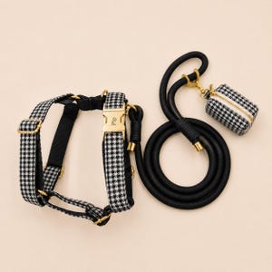 Personlig hundtandsmönstrad hundsele | Anpassat namnhalsband koppel fluga bajspåse | Mixa och matcha promenadset | Rutigt tryck XS-XL