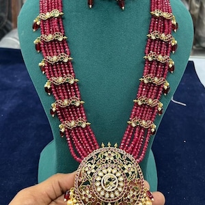 Matte Gold Finish Polki Long Haram Necklace Kundan Pearl Beaded Necklace Kemp Stone Silver Foil Jewelry South Indian Wedding Necklace