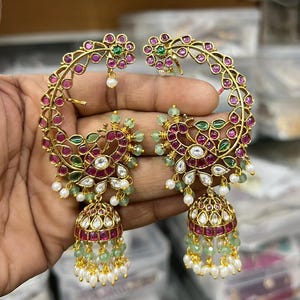 Kundan Peacock Ear Cuffs With Jhumka, Gold Plated Ruby Emerald Statement Ears Wrap