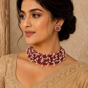 May include: A multi-strand choker necklace featuring deep pink faceted beads interspersed with small white pearls, paired with a matching circular stud earring. The jewelry set is worn with a gold-toned garment featuring intricate embroidery.