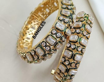 Emerald Green Meenakari Bangles, Kundan Stone Gold Plated Kada