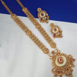 Matte Gold Finish Polki Kundan Long Necklace Rajwadi Style Ruby Necklace South Indian Haram Necklace Gold Cluster Balls Traditional Jewelry