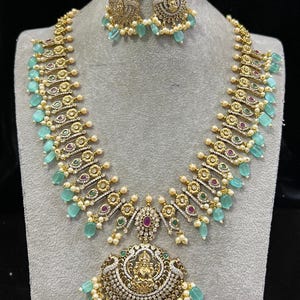 Gold Finish Ruby Kemp Necklace Pearl CZ Diamond Monalisa Beads Haram Necklace Traditional South Indian Jewelry Bollywood Wedding Jewelry