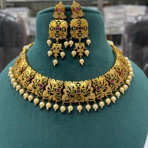 Gold Pearl Choker Set Ruby Kemp Necklace Temple Gold South Indian Jewelry Long Earrings Short Necklace Wedding Haram Bollywood Jewelry Set