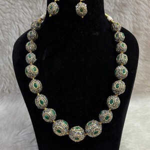 Rajwadi Kemp Stone Necklace Set: Indian Bollywood Jewelry