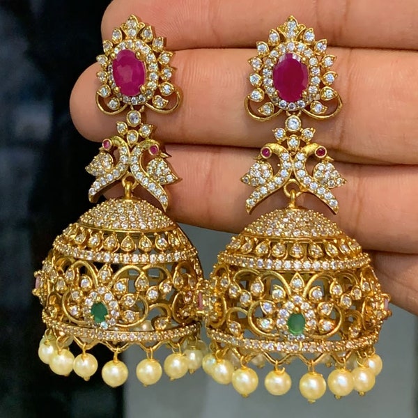 Gold CZ Diamond Jhumka Set, Pakistani Jewelry, Ruby Earring, Hanging Pearl Jhumki, American Diamond, Designer Jhumki Earring For Woman