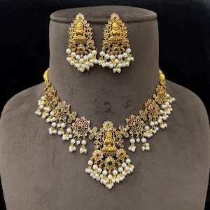 Matte Gold Finish Pearl Drops Necklace Kemp Stone South Indian Temple Jewelry Silver Foil Haram Necklace Guttapusalu Traditional Jewelry