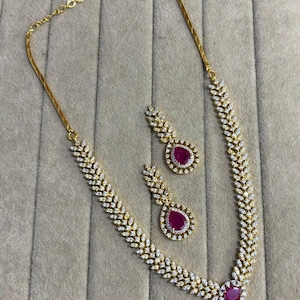 Ruby Red CZ Teardrop Necklace Set, Gold Plated Leaf Jewelry, Bridal Earrings