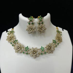 Gold Plated CZ Diamond Necklace: Floral Indian Jewelry