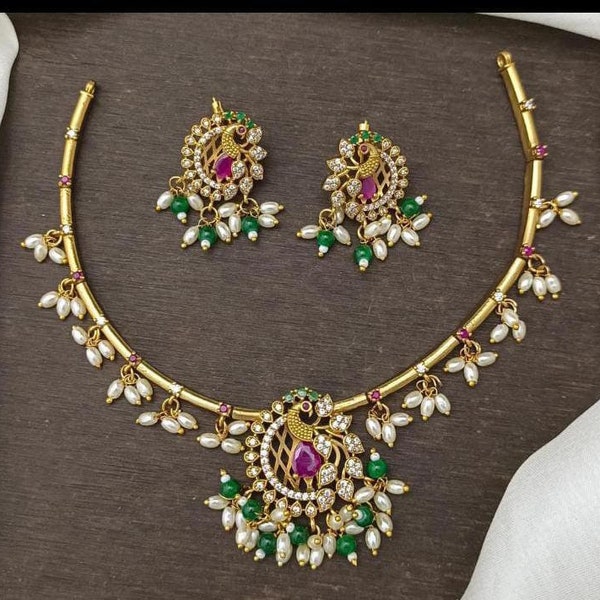 Ruby Gold Choker Set Rice Pearl CZ Diamond Necklace Kundan Hasli Necklace South Indian Temple Jewelry Wedding Jewelry Peacock Earring