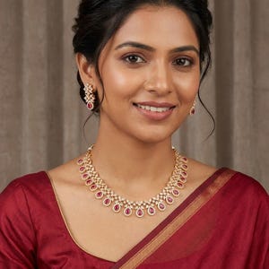May include: A gold-toned necklace and matching drop earrings set featuring teardrop-shaped red stones surrounded by small clear white stones. The necklace has a repeating floral-inspired pattern with a central row of red teardrop gems.