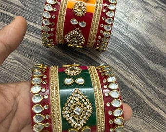 Handmade Kundan Bridal Chura Set, Gold Plated Indian Wedding Bangles