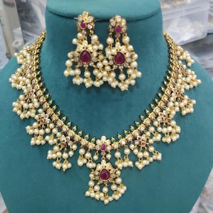 Matte Gold Temple Necklace Ruby Pearl Choker Set South Indian Jewelry Haram Guttapusalu Necklace Wedding Bridal Jewelry