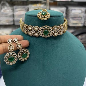 Gold Plated Kundan Choker Set: American Diamond Indian Bridal Jewelry