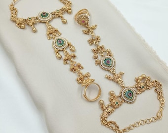 Antique Gold Copper Hath Panja / Haathphool | Meena Work Hand Harness | Indian Bridal Jewelry