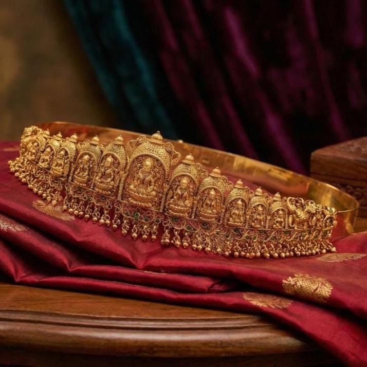 Gold plated vaddanam/ kamarbandh/ saree belt Gold Plated Hip Belt: South Indian Vaddanam, Adjustable  main image 4