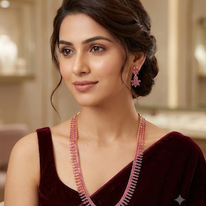 May include: A long gold-tone necklace featuring a continuous row of teardrop-shaped pink stones, paired with matching drop earrings that have a small floral-inspired top section and a dangling teardrop-shaped pink stone at the bottom.