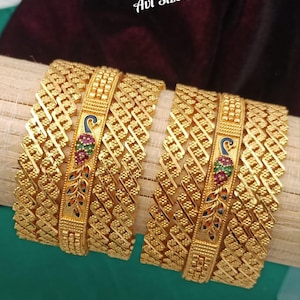 Gold Plated Kemp Stone Bangles Set: South Indian Temple Jewelry