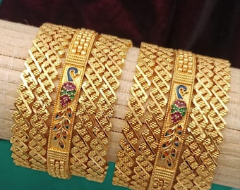 Gold Plated Kemp Stone Bangles Set: South Indian Temple Jewelry