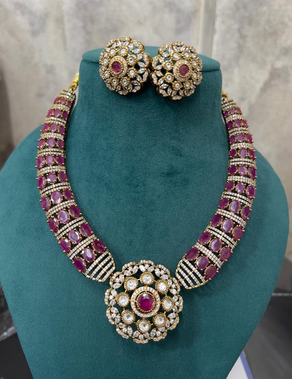 Red Kundan Polki Necklace Set: Ruby Diamond Bollywood Jewelry