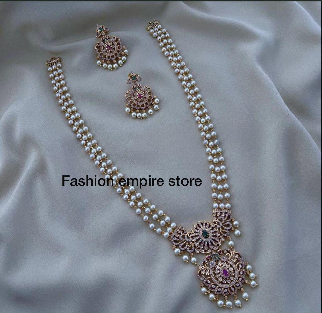 White Pearl Kundan Necklace Set: CZ Diamond Indian Bridal Jewelry