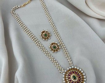 Gold Pearl Long Necklace Ruby Emerald Indian Jewelry Kundan CZ Necklace Indian Wedding South Jewelry Rani Haar Layered Necklace