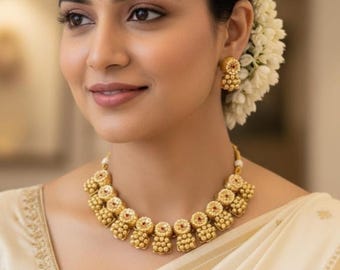 Matte Gold Goli Mala Choker, Ruby Kemp Stone Earrings, South Indian Jewelry Set