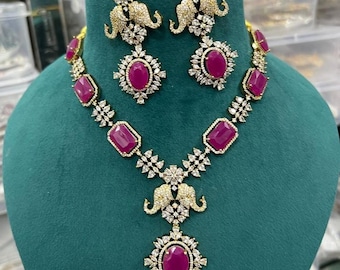Ruby CZ Diamond Indian Necklace Set: Gold Plated Silver Bridal Jewelry