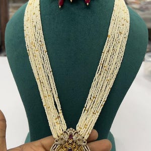 Temple Gold Pearl Long Necklace South Indian Haram Jewelry CZ Diamond Layer Necklace Kemp Stone AD Jewelry Guttapusalu Beaded Jewelry Set