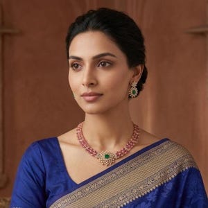 May include: A necklace and matching earrings set featuring pink stones and a central green stone surrounded by small white stones. The necklace has a multi-strand pink beaded design with a floral-shaped pendant, and the earrings are floral-shaped.
