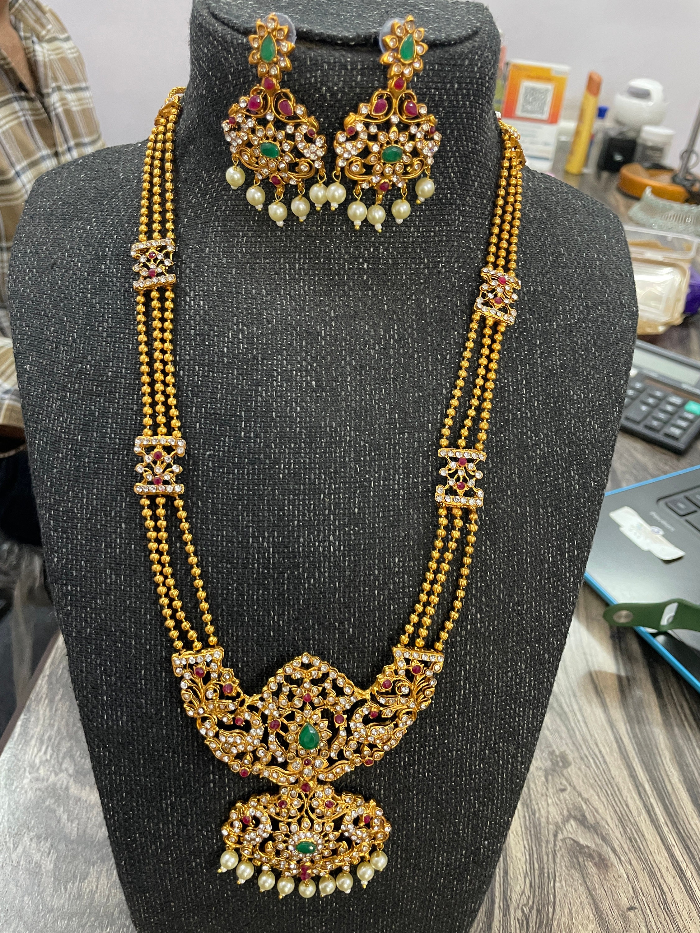 Gold Polished South Indian Temple Jewelry Set, Peacock Design Pearl CZ ...