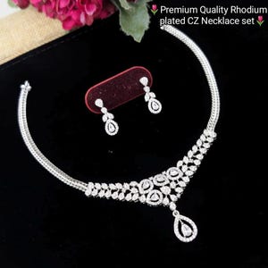 Rhodium Plated CZ Diamond Necklace: Indian Bridal Jewelry