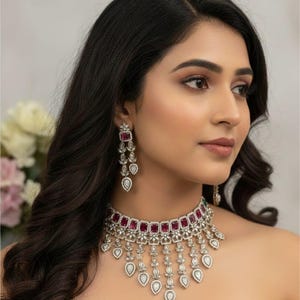 Rubin CZ Diamant Choker Set Polki Style Indische Brautschmuck Statement Halskette Mit Ohrringen