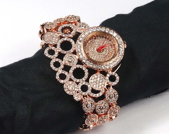 Rose Gold CZ Diamond Bracelet Watch, Anniversary Gift