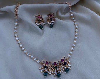 Gold Kemp Stone Guttapusalu Necklace & Earring Set: South Indian Temple Jewelry