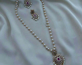 South Indian Temple Necklace: Golden Pearl, CZ Bridal Jewelry