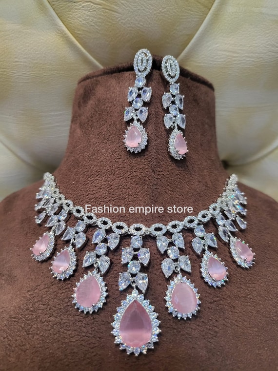 CZ Diamond Necklace Set Indian Jewelry Set Gemstone 