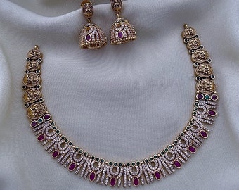 Ruby CZ Diamond Choker Set Gold Necklace South Indian Kemp Jewelry Antique Matte Finish Jewelry With Jhumkas Set Bollywood Jewelry